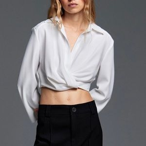 Zara Pleated Cropped White Shirt Long Sleeve Open Front
